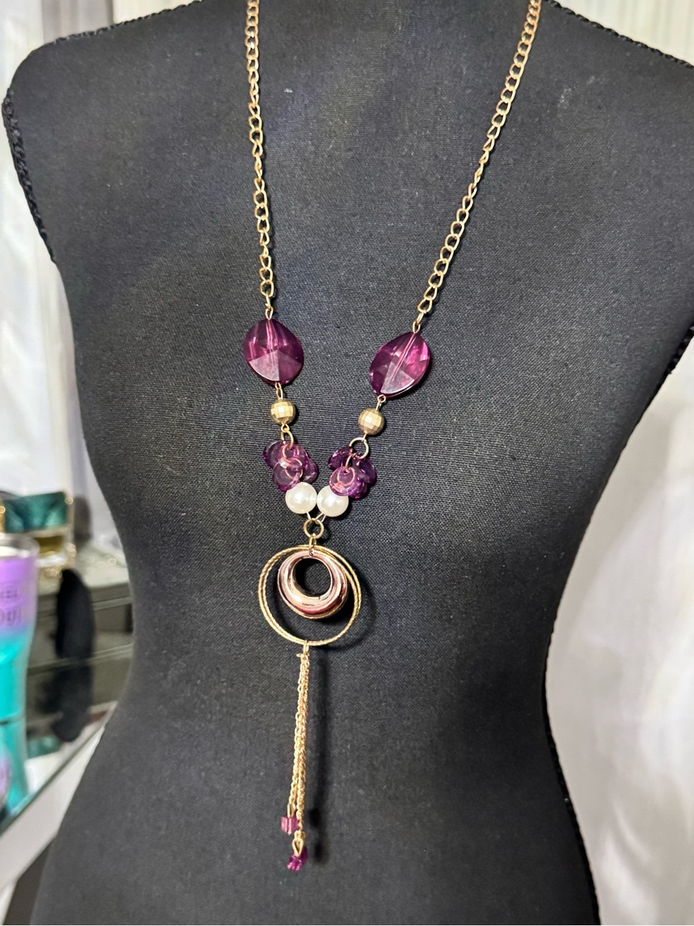 Purple Pendant Long Necklace with Gold Rings - Women Jewelry